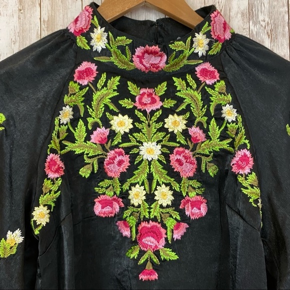 Free People Jessica High Neck Embroidered Black Peasant Blouse Top Boho Gypsy - Picture 11 of 16